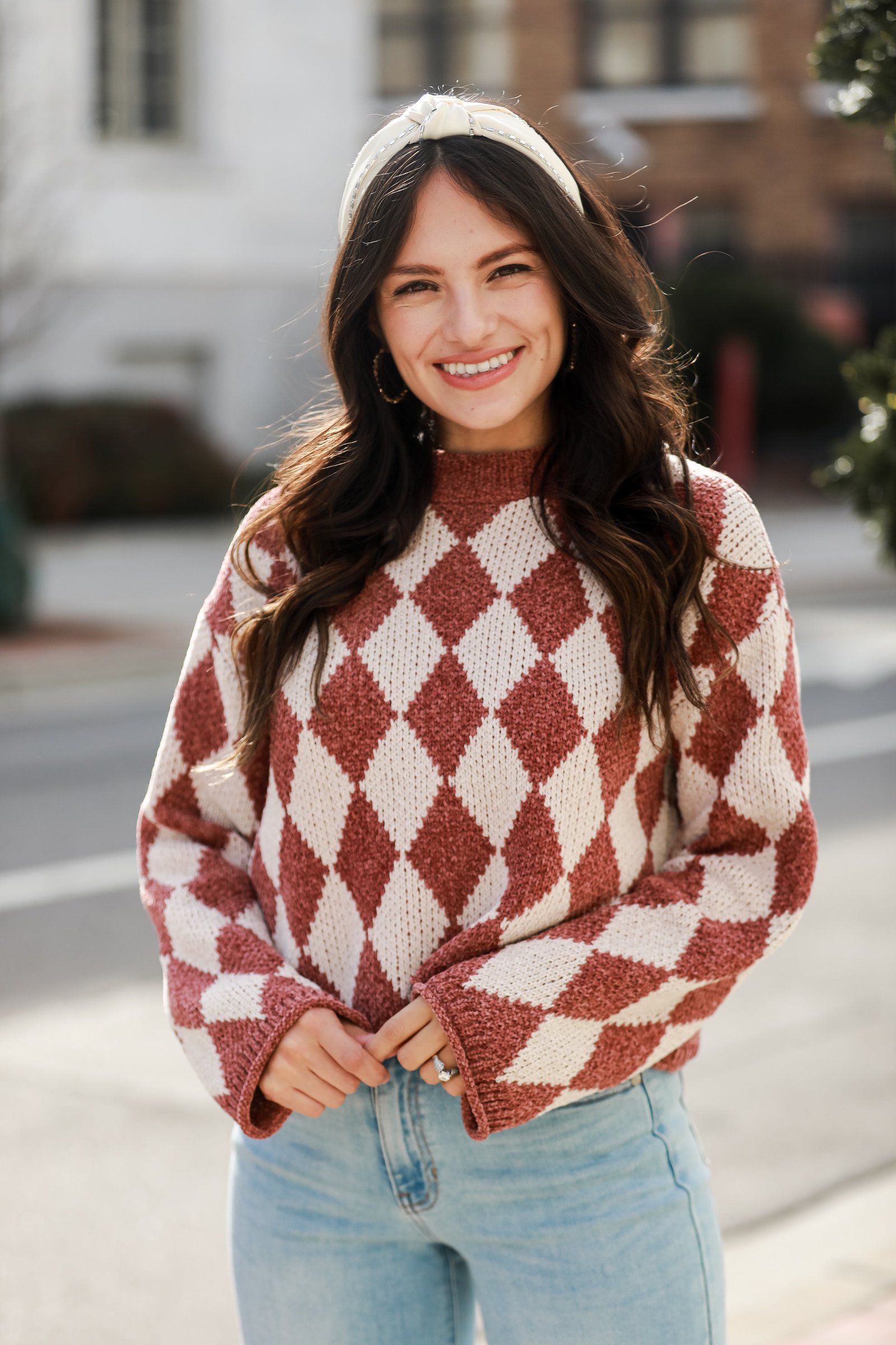 Stylish Outlook Brown Argyle Chenille Sweater