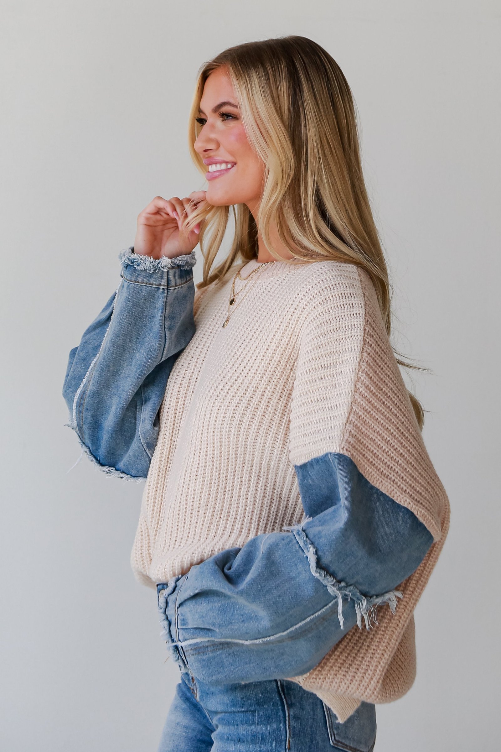 Stylish Direction Ivory Denim Sleeve Oversized Sweater