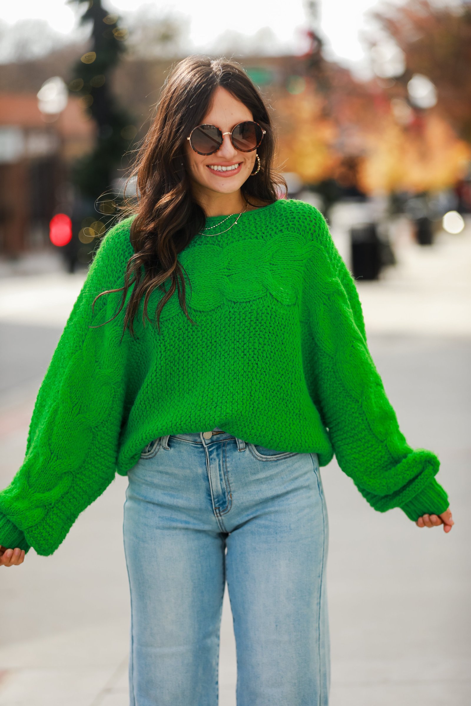 Luxe Outing Kelly Green Cable Knit Oversized Sweater