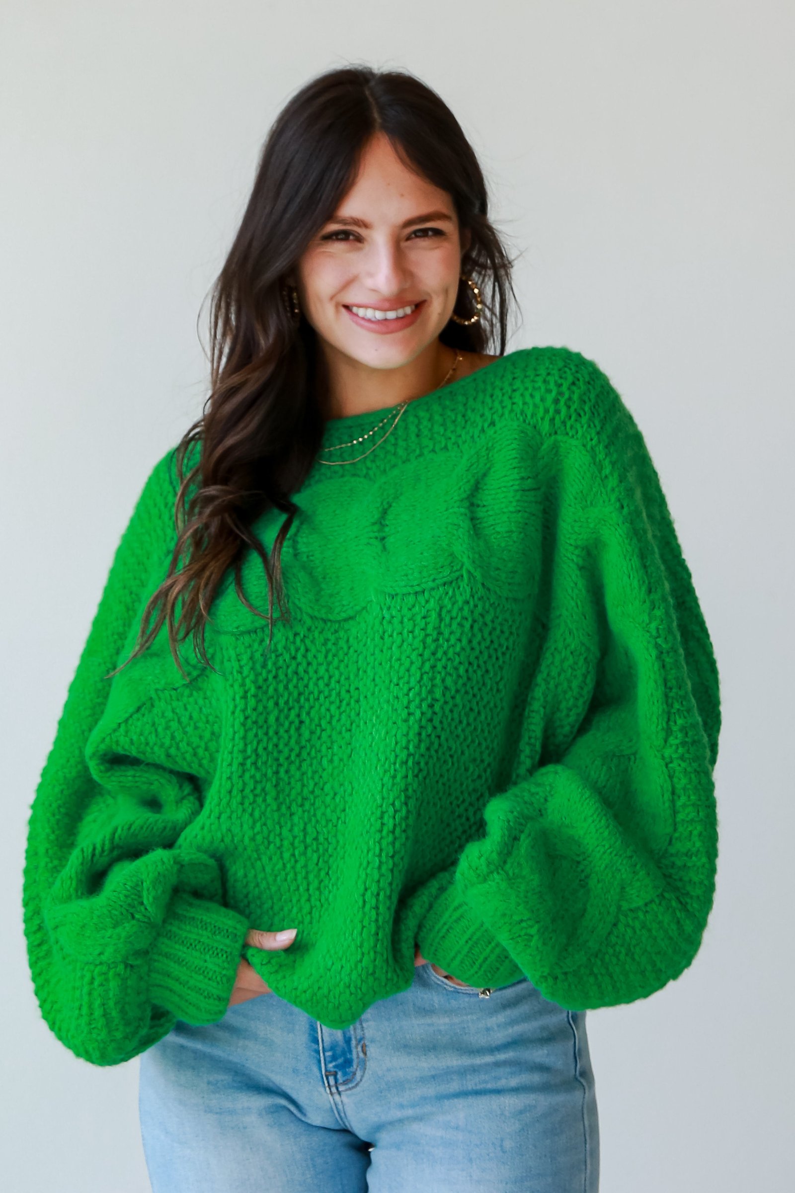 Luxe Outing Kelly Green Cable Knit Oversized Sweater