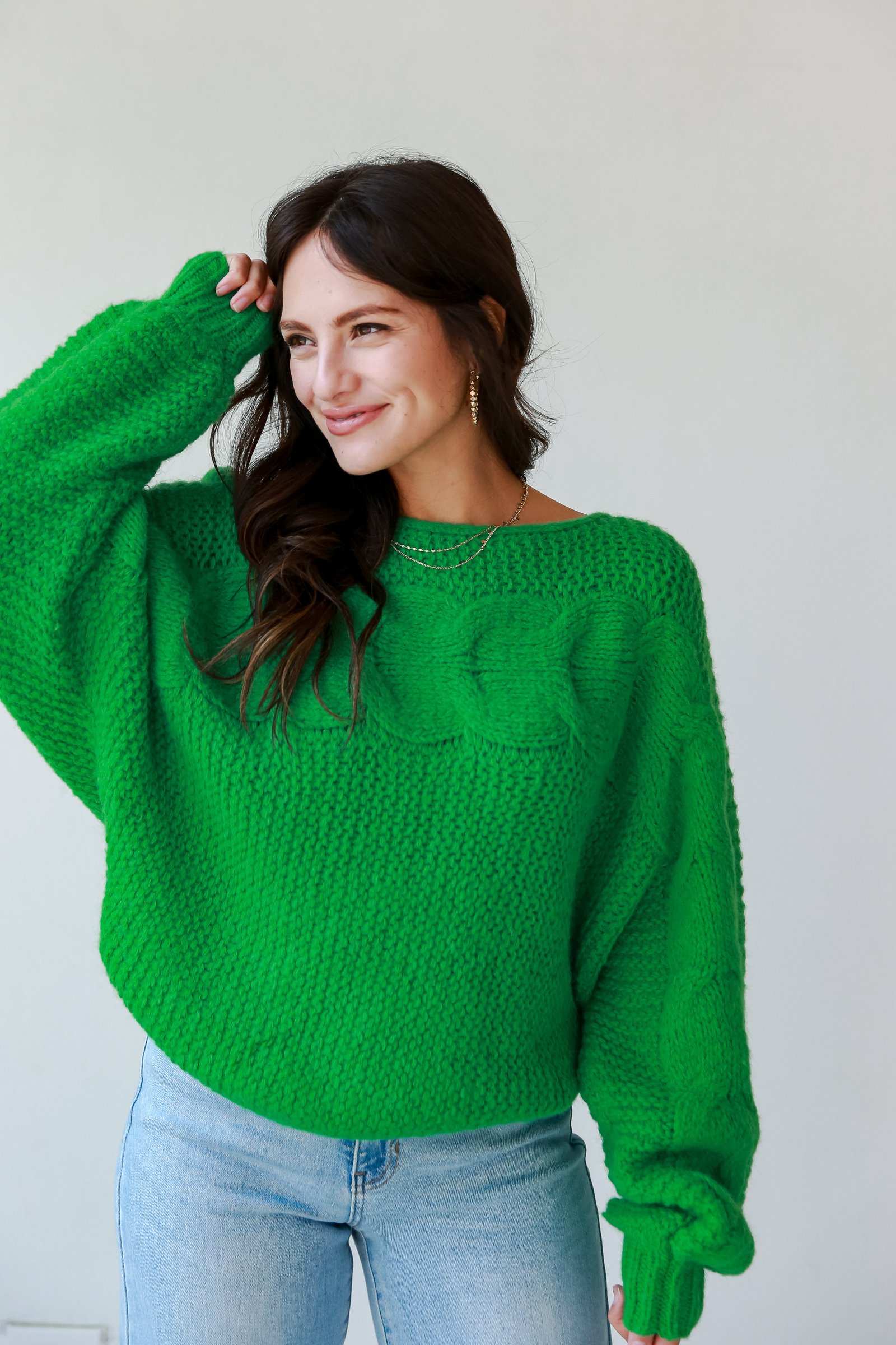 Luxe Outing Kelly Green Cable Knit Oversized Sweater