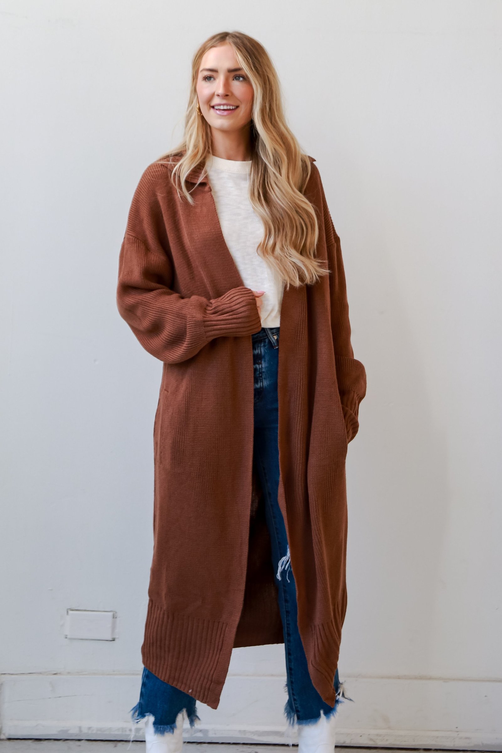 Chilly Day Charm Mocha Longline Sweater Cardigan