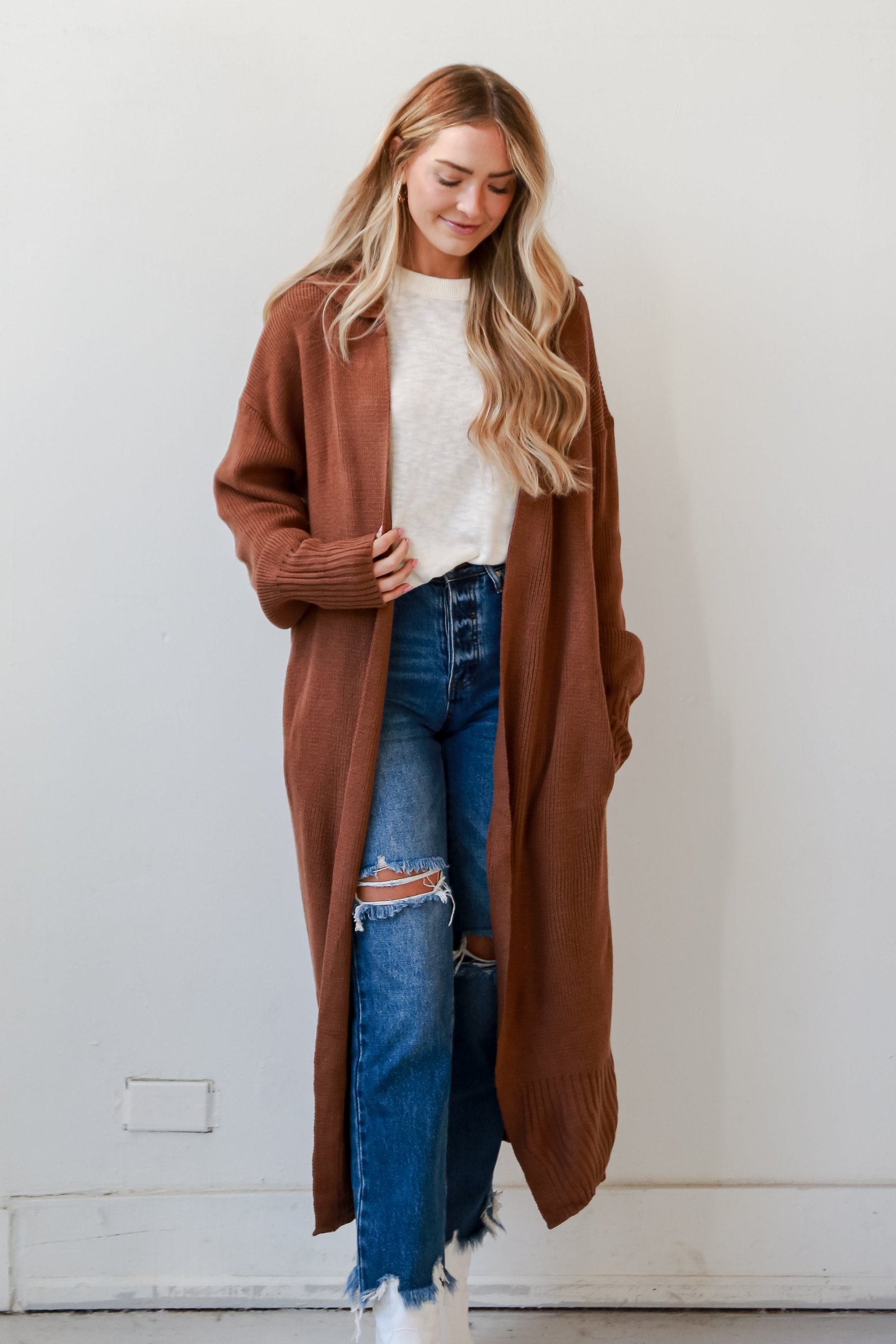 Chilly Day Charm Mocha Longline Sweater Cardigan